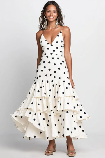 Blanc Noir À Pois À Volants Une Ligne Robe D’invitée De Mariage